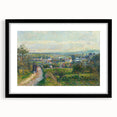 Extra large abstract art print featuring a colorful, textured depiction of a rural scene on a black-framed canvas.
