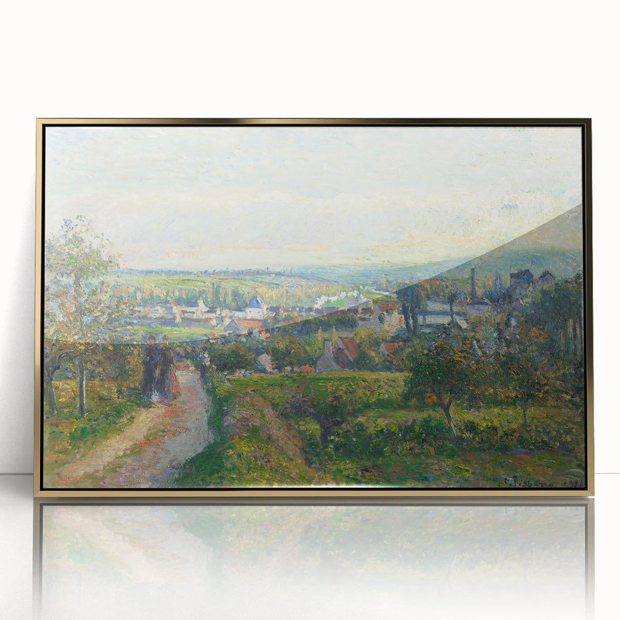 Acrylic print of Camille Pissarro's impressionist artwork in a gold frame, featuring muted earth tones.