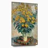 Acrylic glass print of a Claude Monet impressionist scene with soft pastel colors, ideal for dining room ambiance.