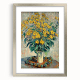 Textured art print of a Claude Monet painting in abstract style, with muted green and blue tones, framed in silver.