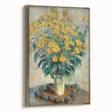 Framed canvas featuring a Claude Monet landscape painting in muted earth tones, ideal for bedroom wall art.