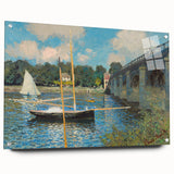 Acrylic glass print of Claude Monet's impressionist artwork in soft blue and green tones, suitable for dining room decor.