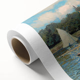 Art deco style poster of a Claude Monet painting on rolled canvas, featuring soft pastel hues, ideal for nursery wall art.