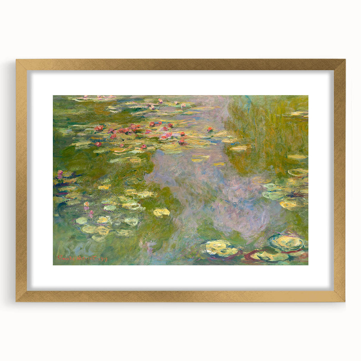 Extra large, textured abstract art print of Claude Monet's design on a gold-framed canvas, suitable for living room decor.
