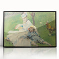 Large abstract wall art featuring a Claude Monet-inspired design in muted blues and greens, framed in black acrylic.