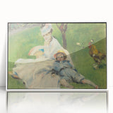 Acrylic print of a Claude Monet painting in pastel shades, framed in white, suitable for modern art wall decor or nursery.