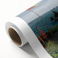 Art deco poster of Claude Monet's garden scene on rolled canvas, featuring soft pastel colors, ideal for nursery wall art.