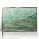Mid-century modernist art depicting a Claude Monet landscape in pastel shades, framed in silver acrylic.