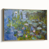 Framed canvas featuring a vintage-style landscape painting by Claude Monet, with muted green and blue tones.