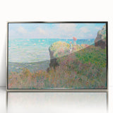 Mid-century modernist art featuring a Claude Monet landscape with soft blue and green hues on a framed acrylic.