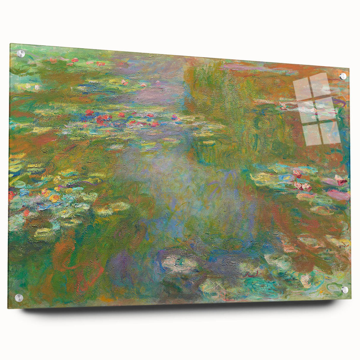Abstract landscape by Claude Monet on acrylic glass, featuring soft pastel hues, ideal for bedroom or dining room decor.