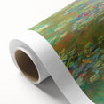 Art Deco-style poster featuring a serene Claude Monet landscape, primarily in soft pastel shades, ideal as nursery wall art.