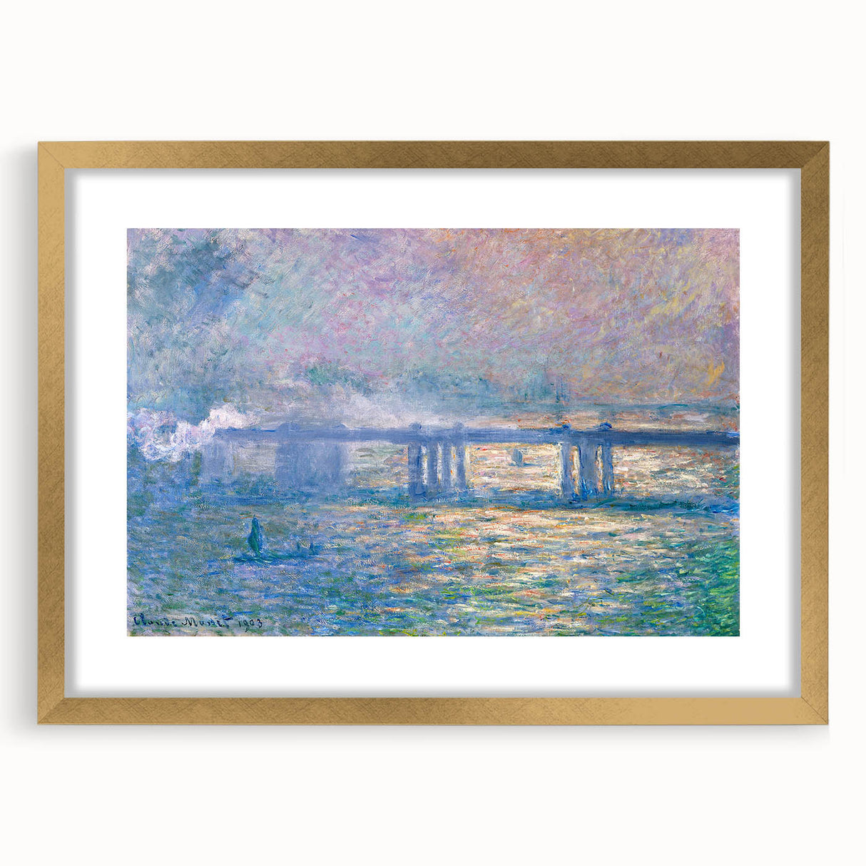 Extra large Claude Monet-inspired abstract art print with textured brush strokes in vibrant hues, framed in gold.