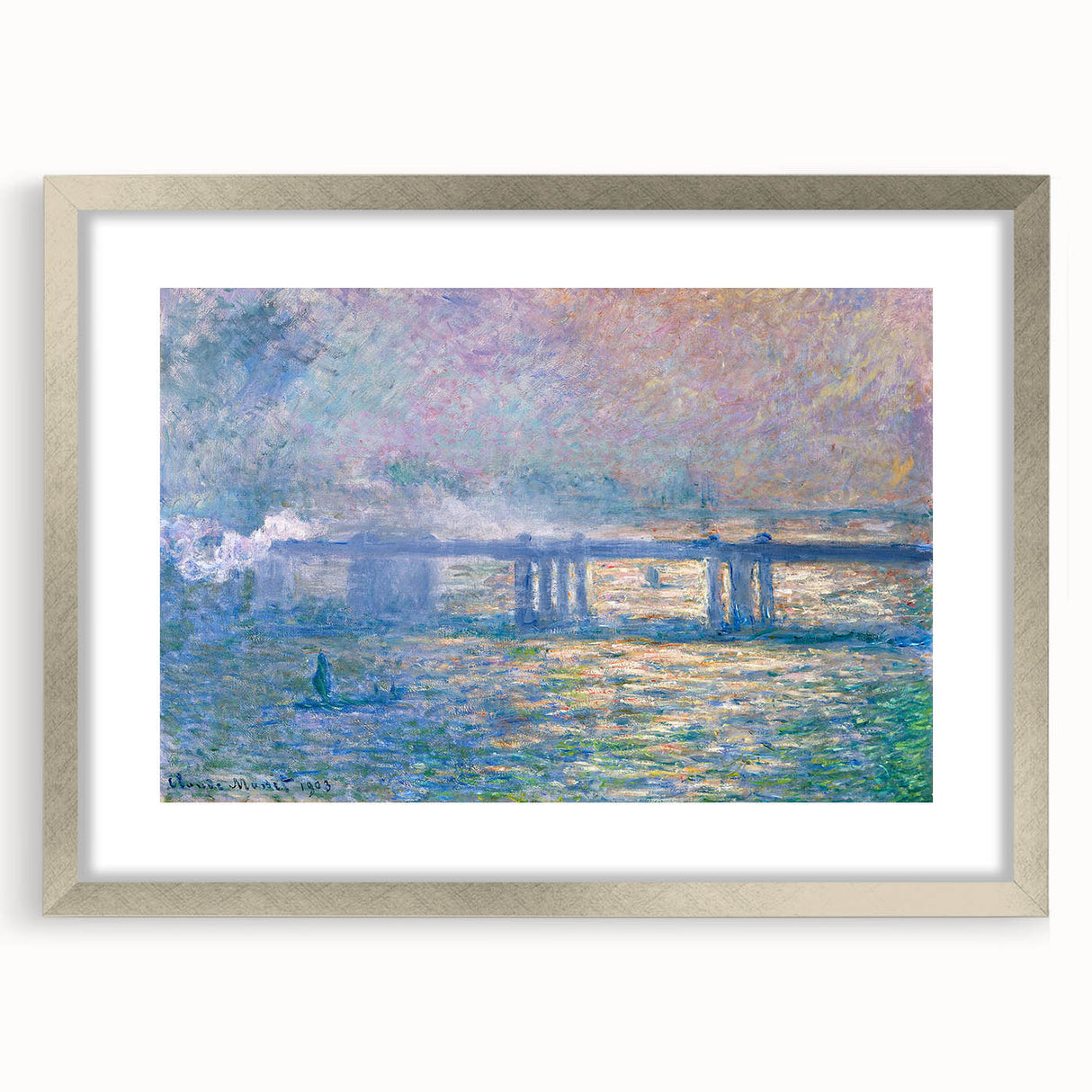 Textured abstract art print of a Claude Monet painting in silver frame with mat, featuring soft pastel colors.
