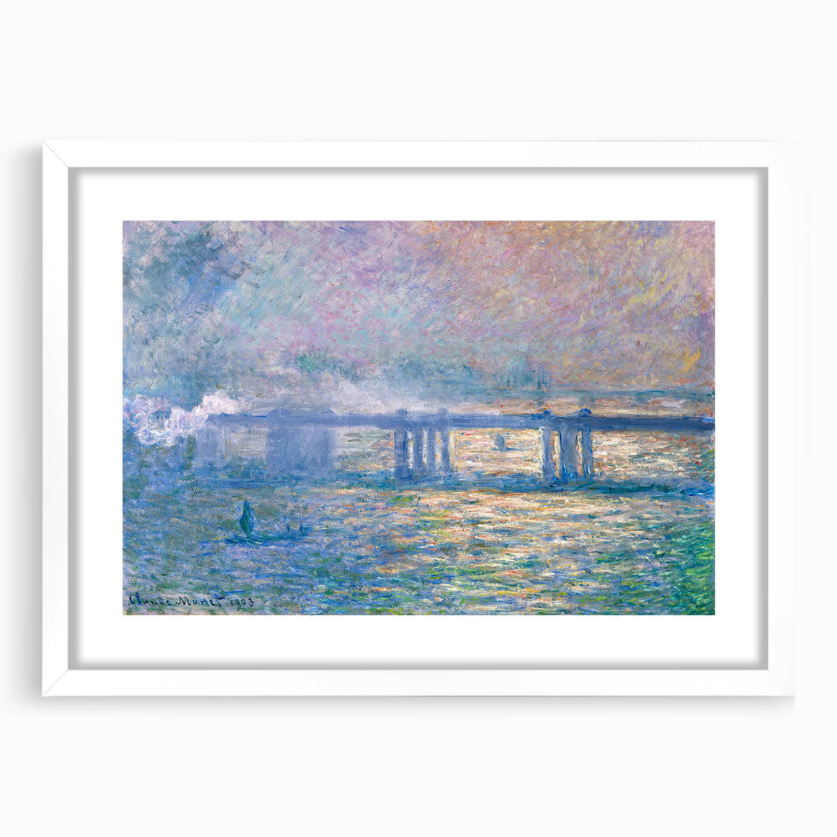 Abstract art print of a Claude Monet-inspired water lily scene in soft blue and green tones, framed in white.