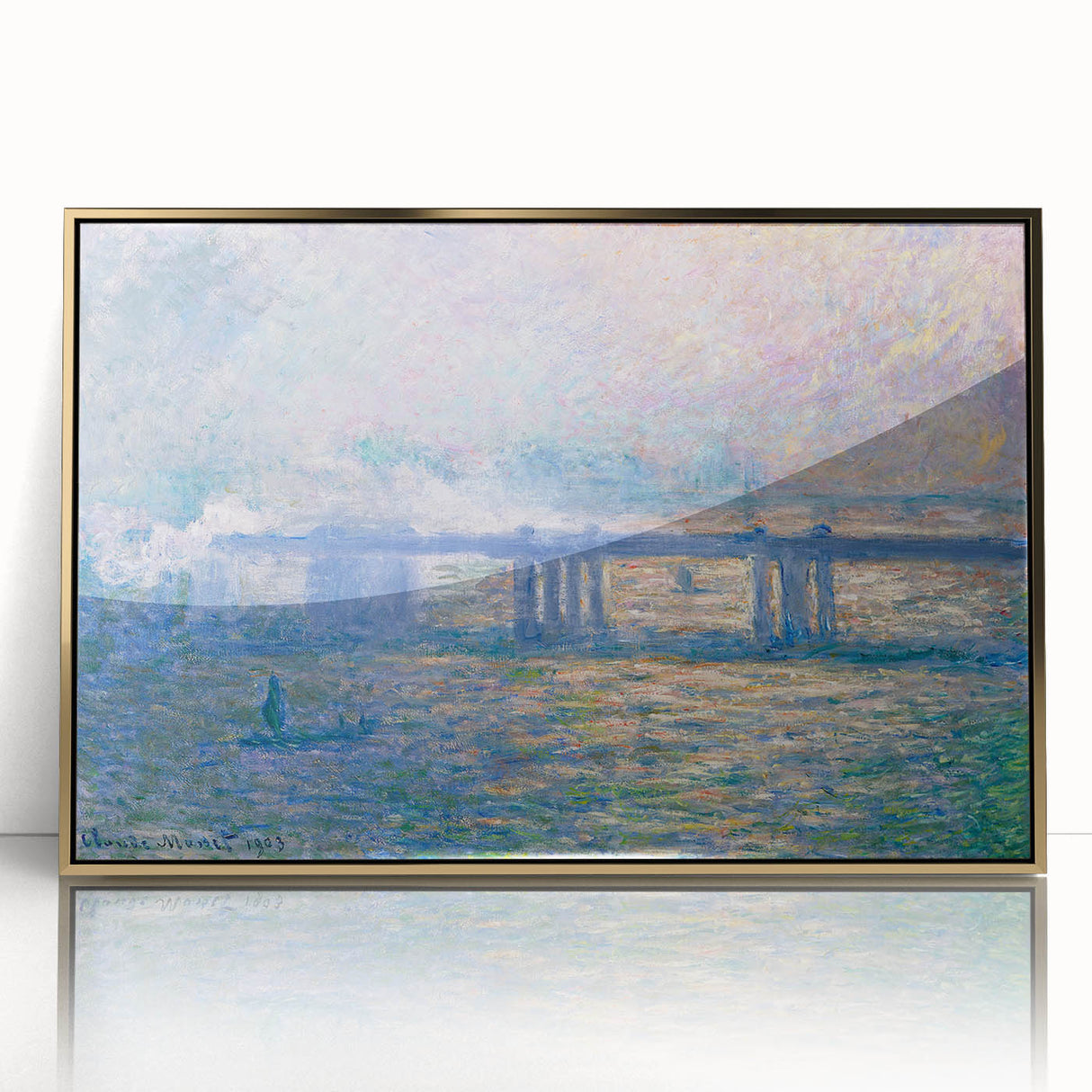 Large art print of Claude Monet's impressionist painting, featuring soft pastel colors and gold frame.
