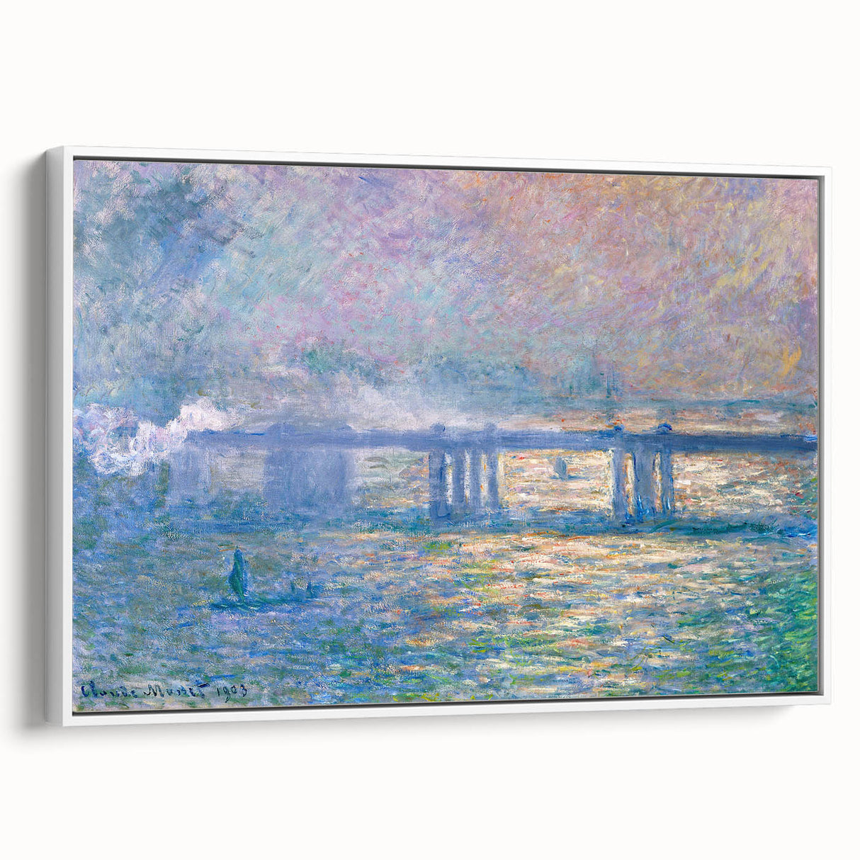 Framed canvas of a Claude Monet vintage poster art in soft pastel shades, ideal for living room decor.