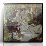 Large abstract wall art featuring a Monet-inspired landscape in muted greens and blues, framed in black acrylic.