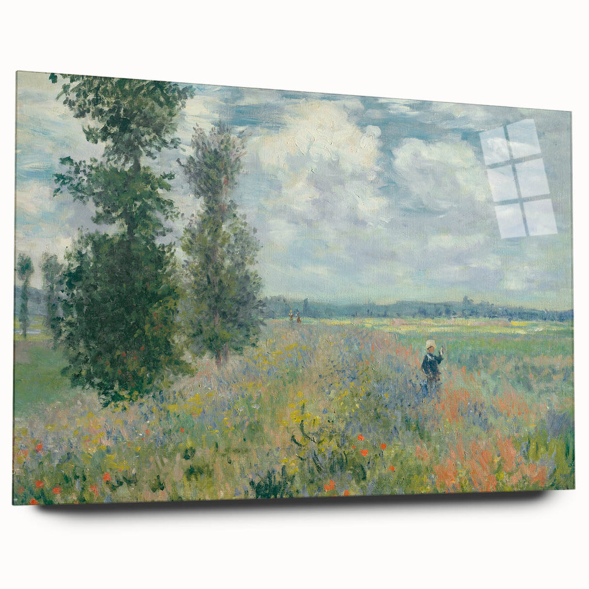 Large abstract acrylic print of a Monet-inspired landscape in soft blue and green tones.