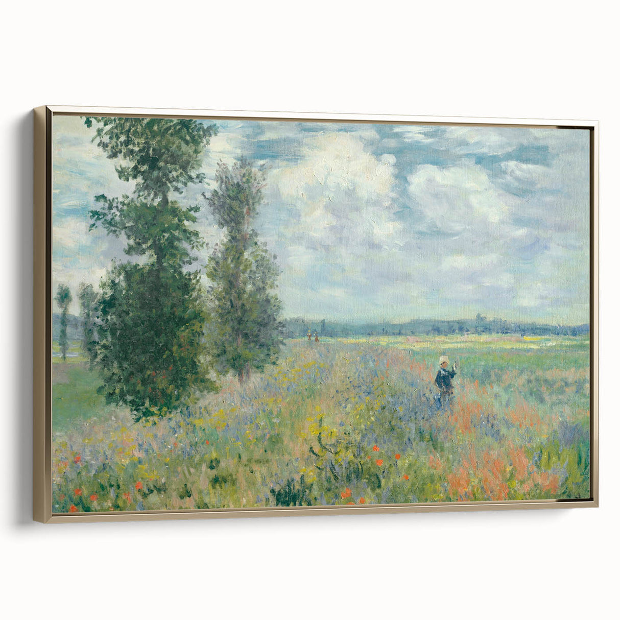 Framed canvas featuring a Claude Monet landscape painting in muted greens and blues, ideal for bedroom wall art.