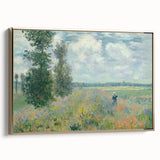 Framed canvas featuring a Claude Monet landscape painting in muted greens and blues, ideal for bedroom wall art.