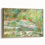 Framed canvas featuring a vintage Claude Monet landscape painting with muted earth tones, ideal for bedroom wall art.