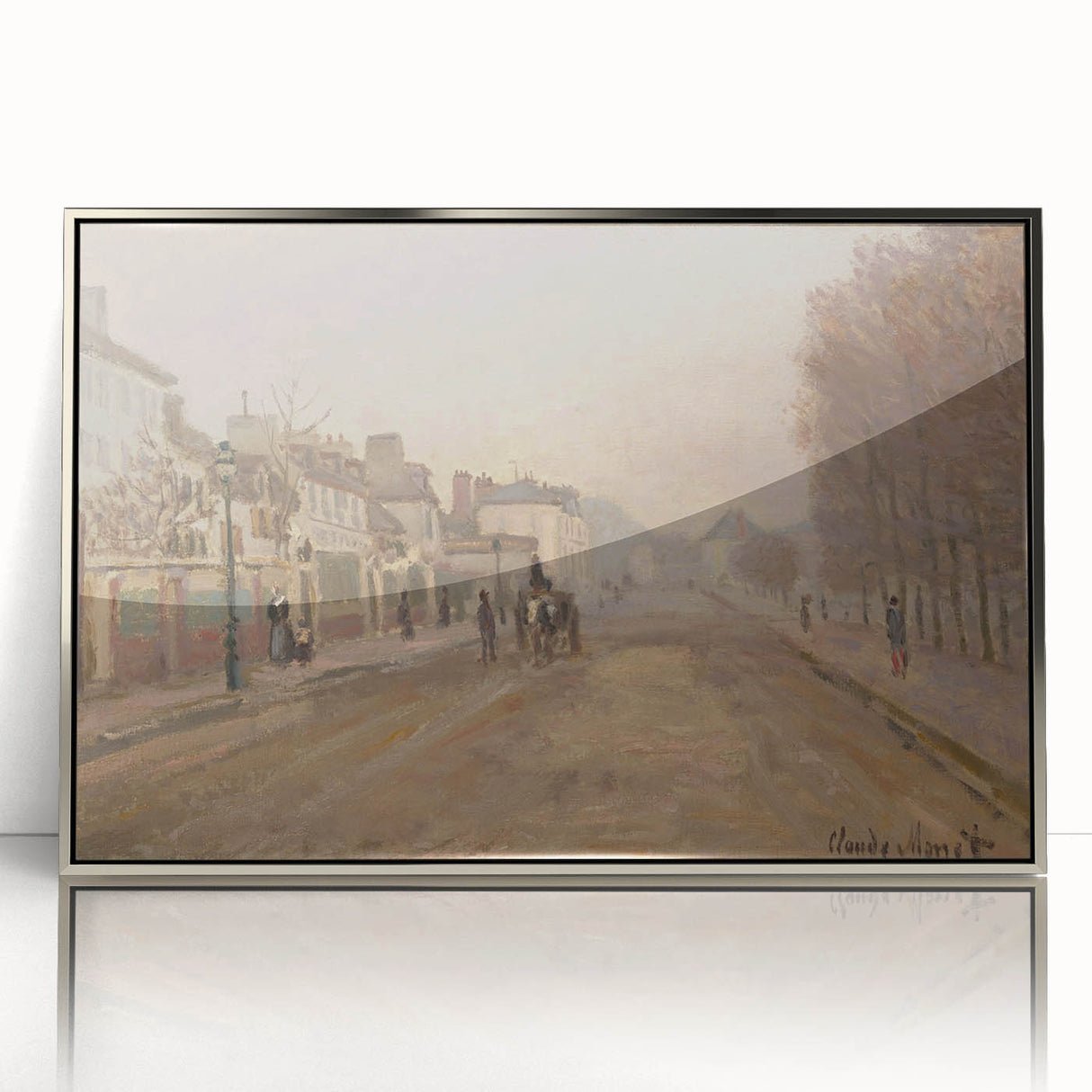 Mid-century modernist art depicting a Claude Monet design in a silver framed acrylic, featuring soft pastel colors.
