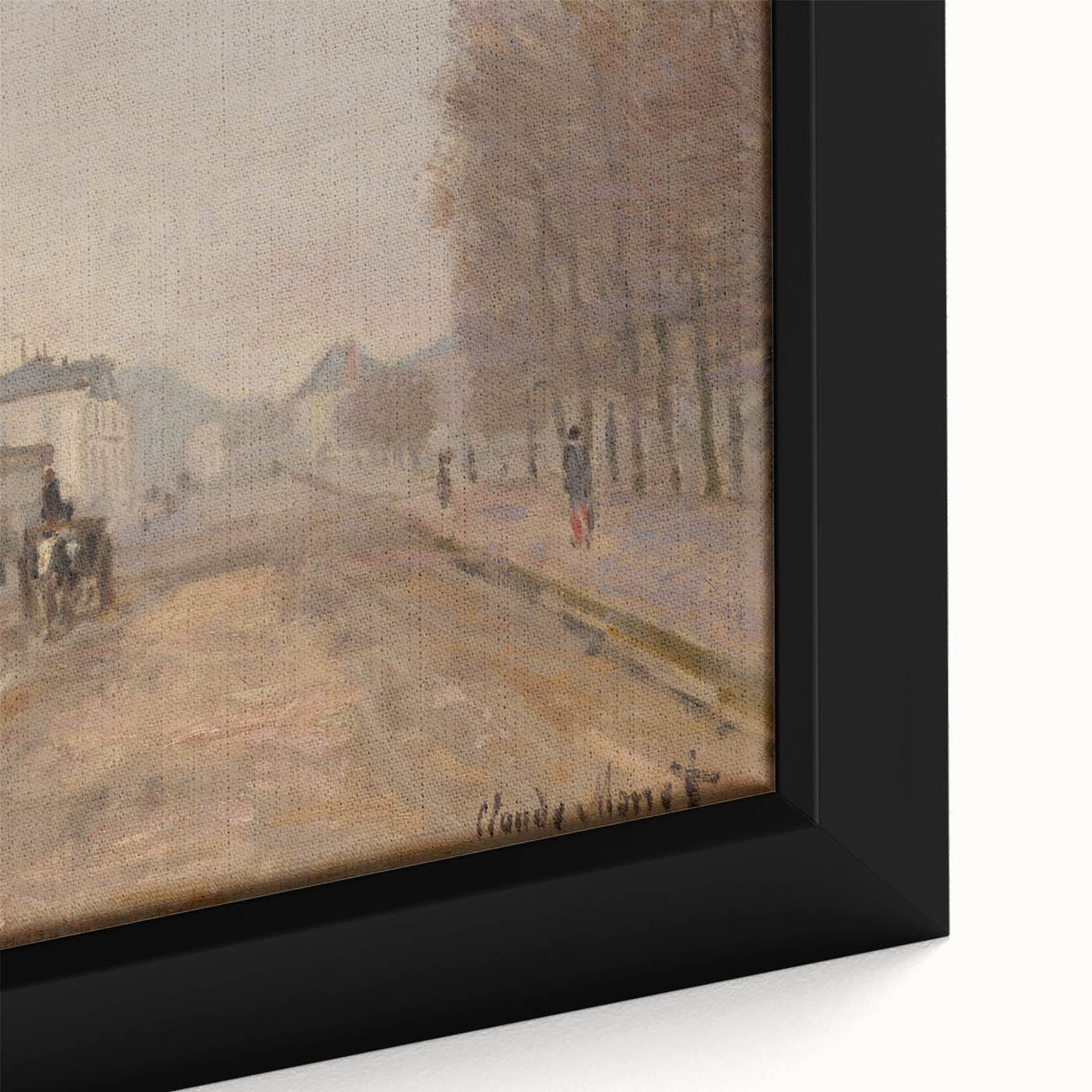 Close-up of a textured Claude Monet painting on a black framed canvas, featuring vibrant, colorful brushstrokes.