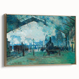 Framed canvas of Claude Monet landscape painting in muted greens and blues, ideal for bedroom wall art.