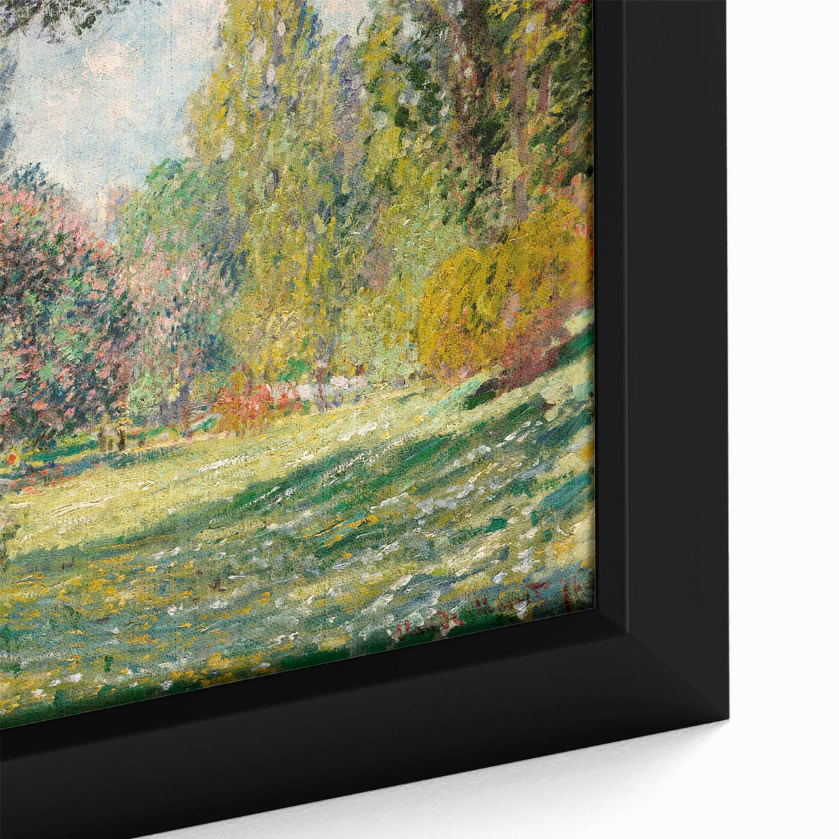 Extra large framed canvas featuring a close-up of a textured, colorful Claude Monet painting with black wall art.