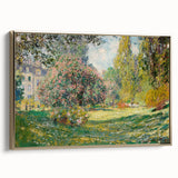 Framed canvas featuring a Claude Monet landscape painting in muted greens and blues, ideal for bedroom wall art.