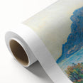 Art Deco-style poster of Claude Monet's impressionist painting on rolled canvas, featuring soft pastel colors.