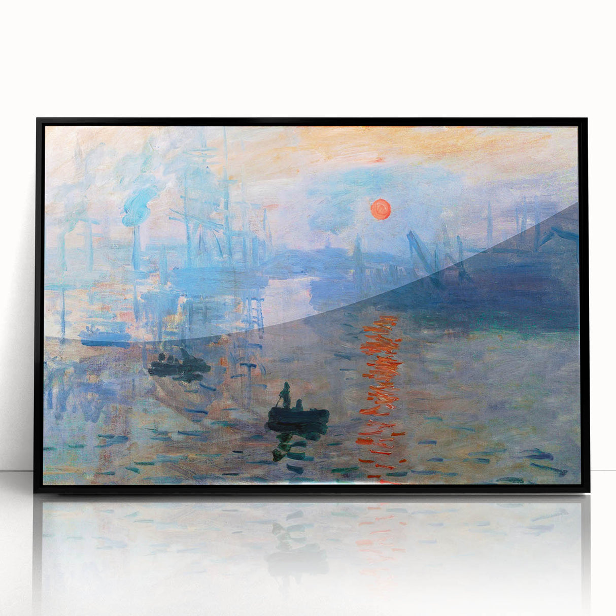 Large abstract wall art featuring a Claude Monet-inspired design in vibrant blues and greens on a framed acrylic.