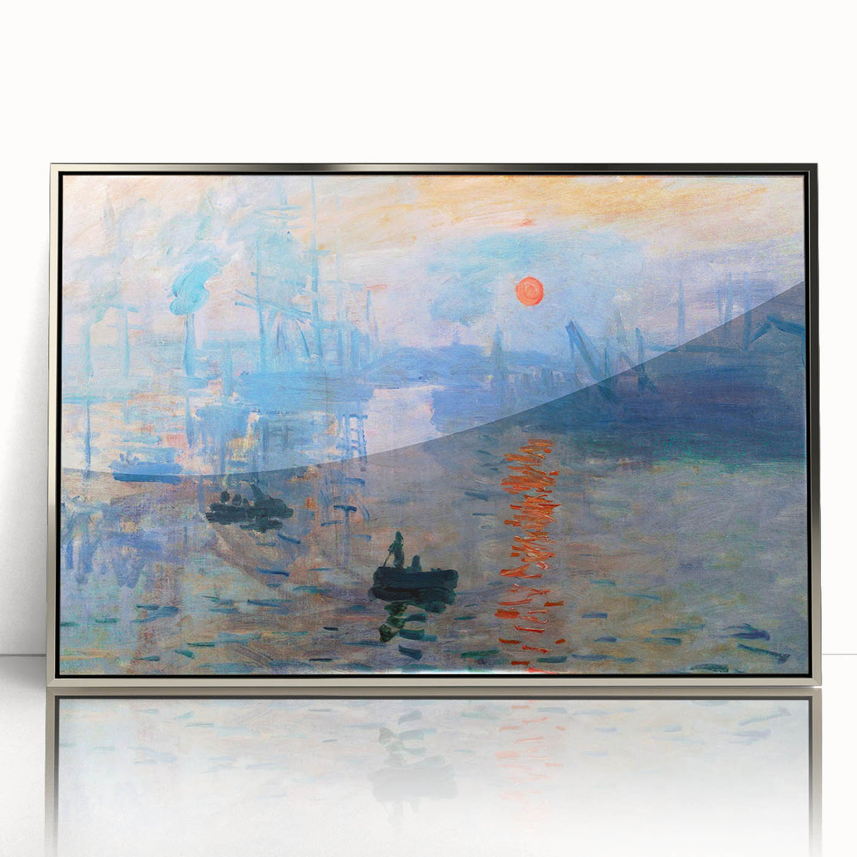 Mid-century modernist art featuring a Claude Monet landscape in a silver frame, ideal for nursery wall art.