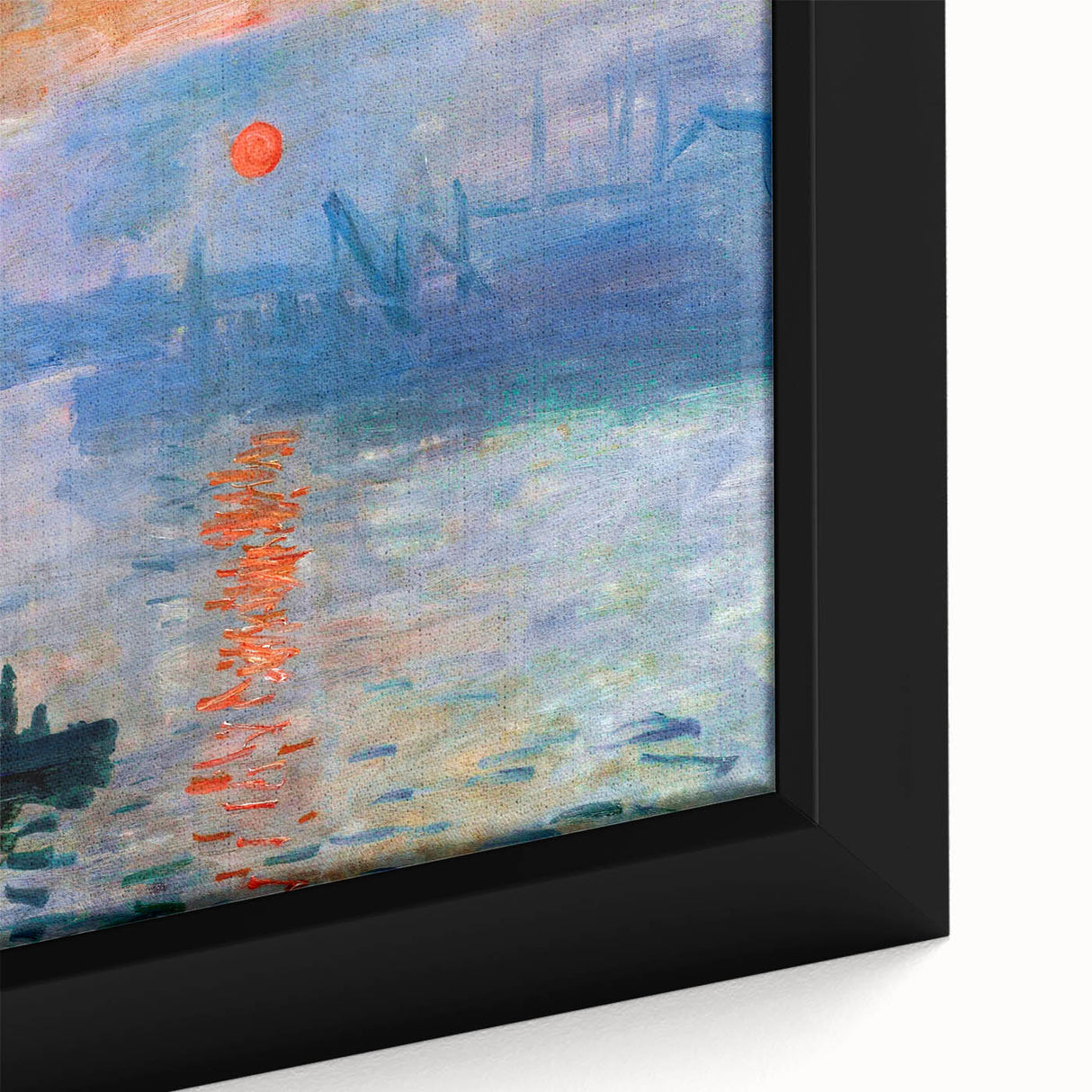 Extra large framed canvas featuring a close-up of Claude Monet's textured, colorful art in black.