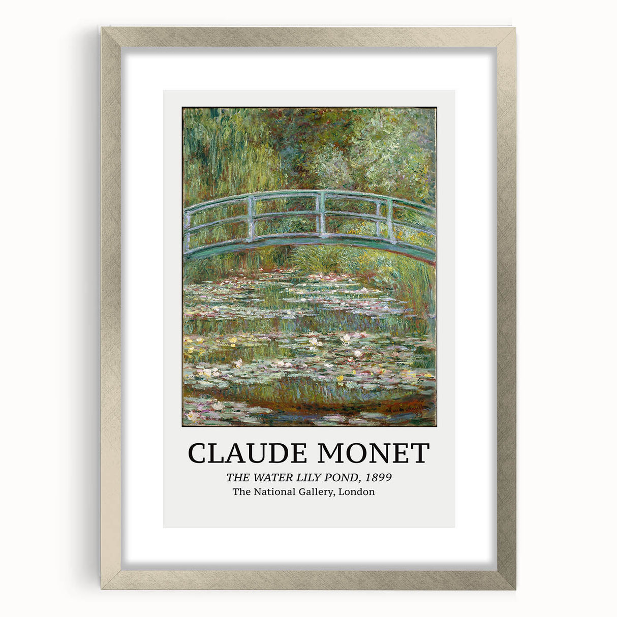 Textured art print of an abstract Claude Monet-inspired scene in soft blue and green hues, framed in silver.