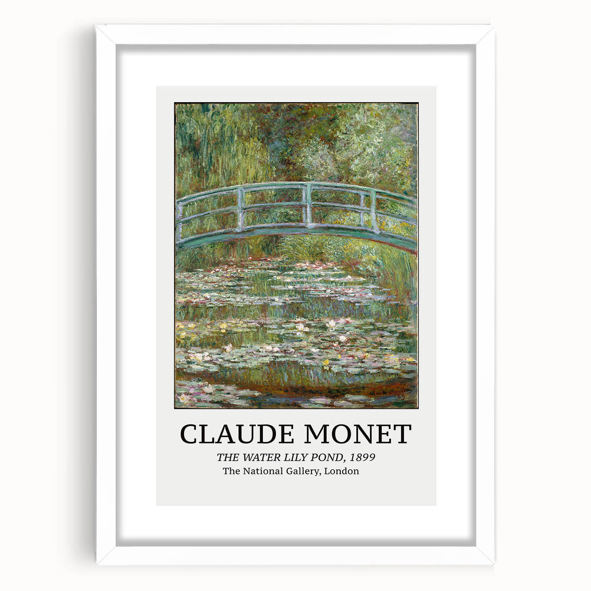 Abstract art print of a Claude Monet-inspired scene in soft blues and greens, framed with a white mat.