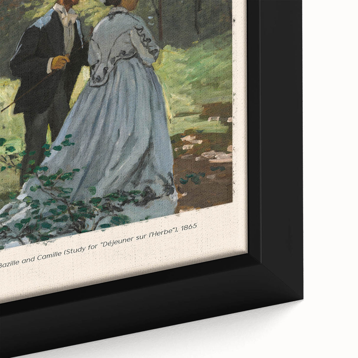 Close-up of a Claude Monet-inspired black wall art on framed canvas, featuring vibrant, textured strokes of colorful art.