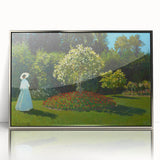 Mid-century modernist style Claude Monet print with muted color palette, framed in silver acrylic.