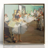 Large art print of an Edgar Degas ballet scene in muted pastels, framed in gold acrylic, ideal for nursery wall art.