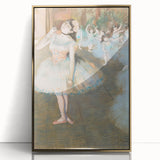 Large art print of an Edgar Degas ballet scene in mid-century modernist style, framed in gold acrylic.