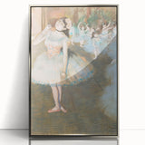 Mid-century modernist art of a ballet scene in pastel shades on a silver-framed acrylic print, suitable for nursery wall art.