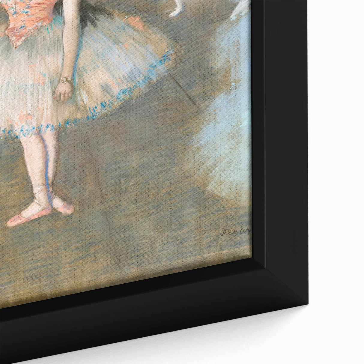 Close-up of a textured Edgar Degas-inspired black wall art with colorful accents on framed canvas.