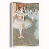 Vintage poster art of Edgar Degas' dancers in pastel shades on a large framed canvas, suited for living room decor.