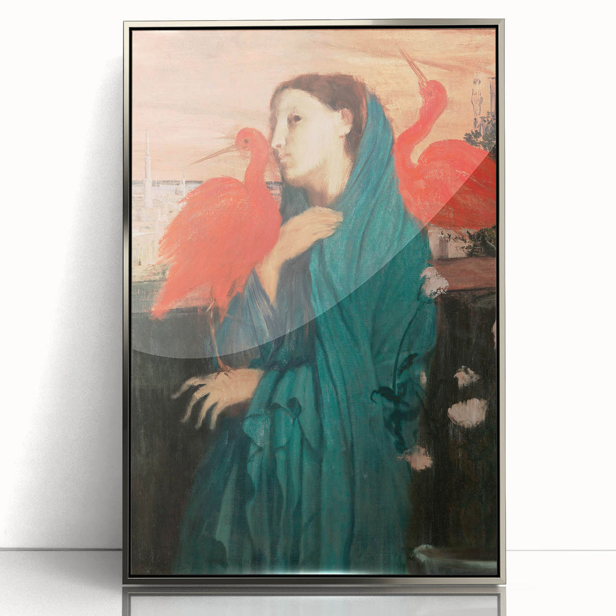 Mid-century modernist art featuring an Edgar Degas-inspired ballerina, framed acrylic in silver.