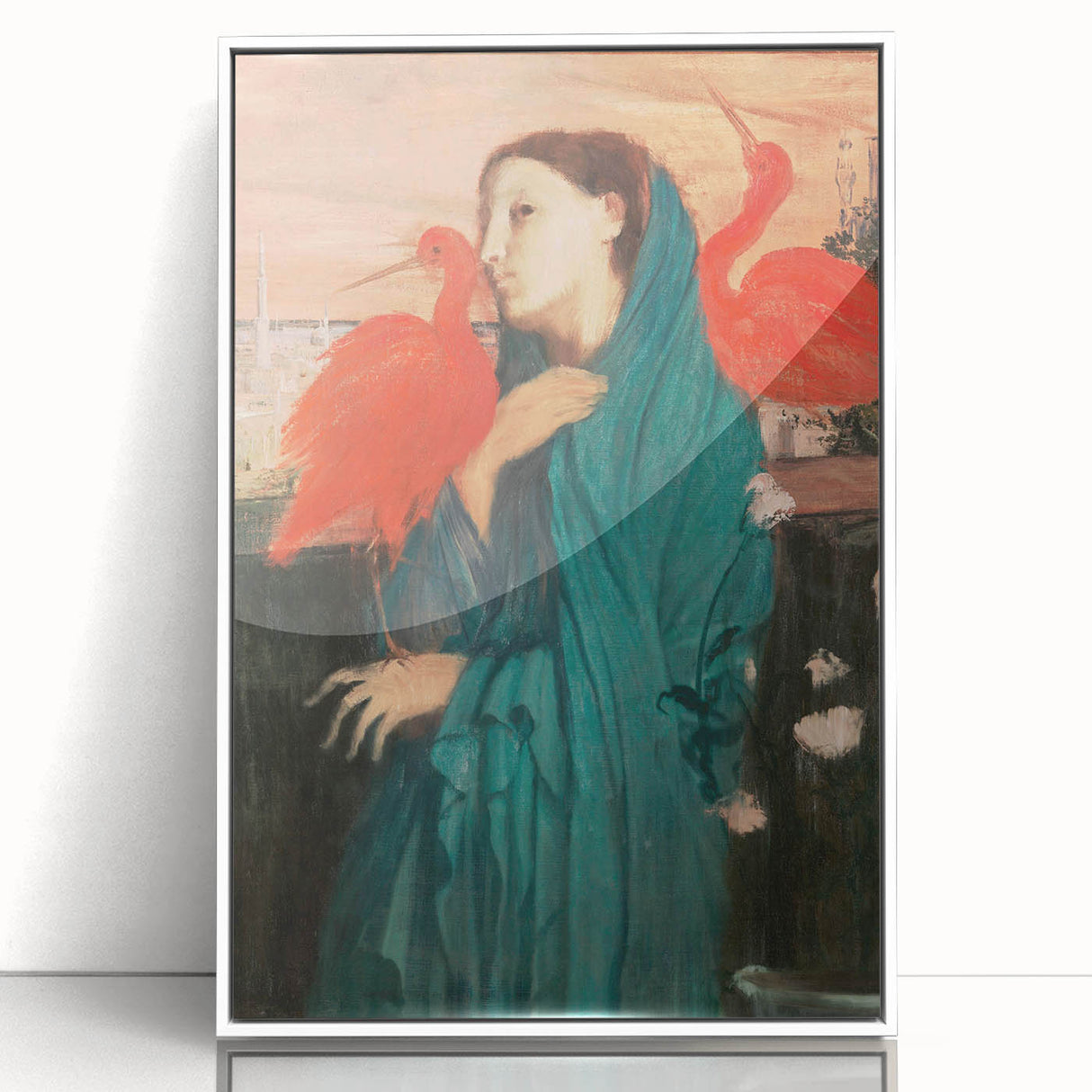 Art deco poster of a ballet scene by Edgar Degas in soft pastel shades on white framed acrylic.