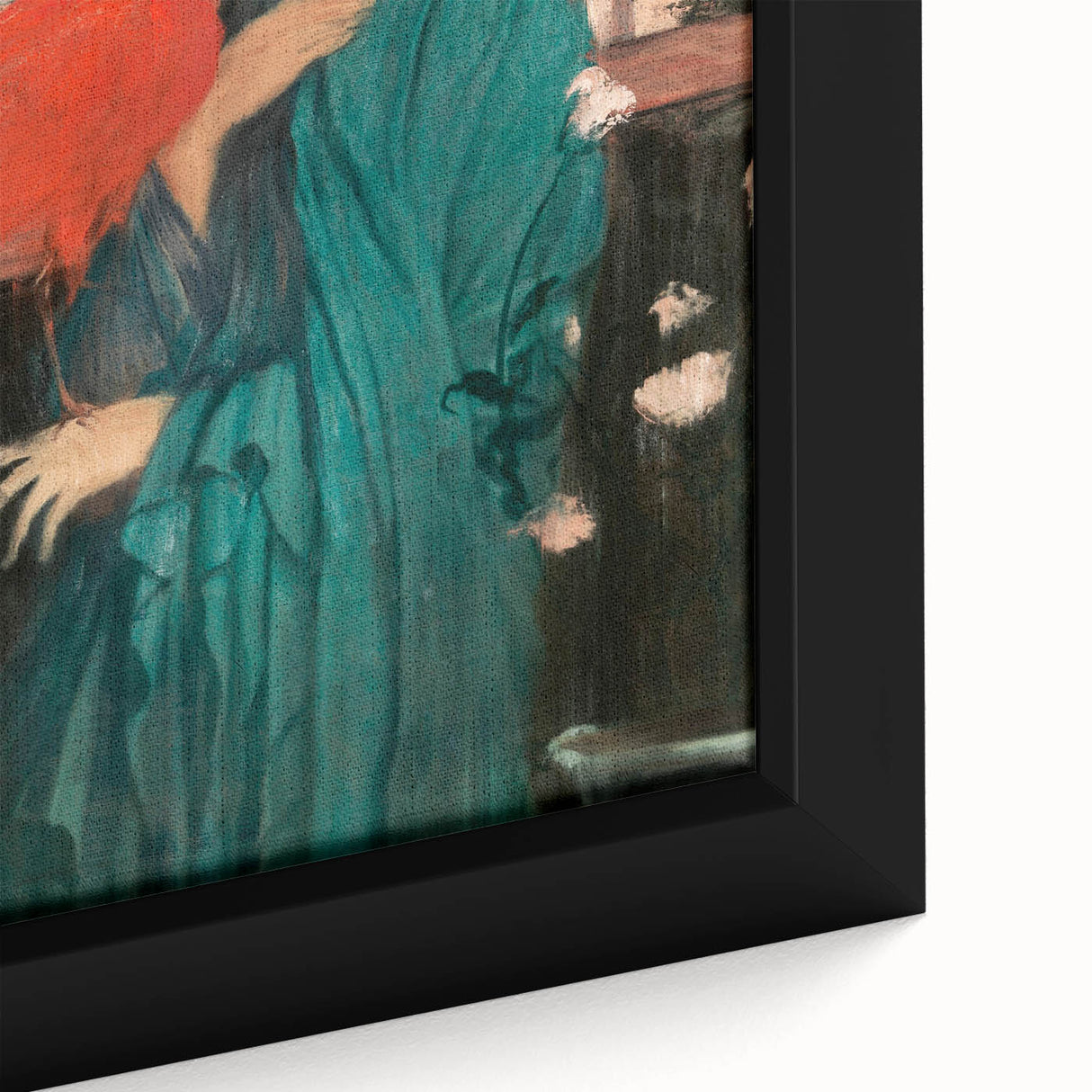 Close-up of a black framed canvas depicting Edgar Degas' impressionist art with vibrant, textured brushstrokes.