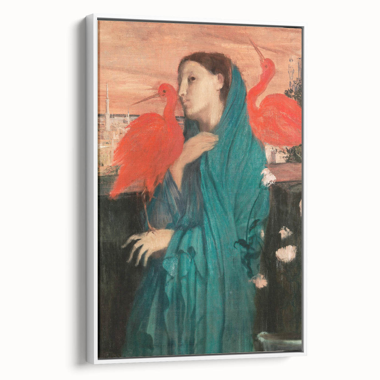 Vintage poster art of a ballet scene by Edgar Degas, featuring muted pastel colors on a framed canvas.