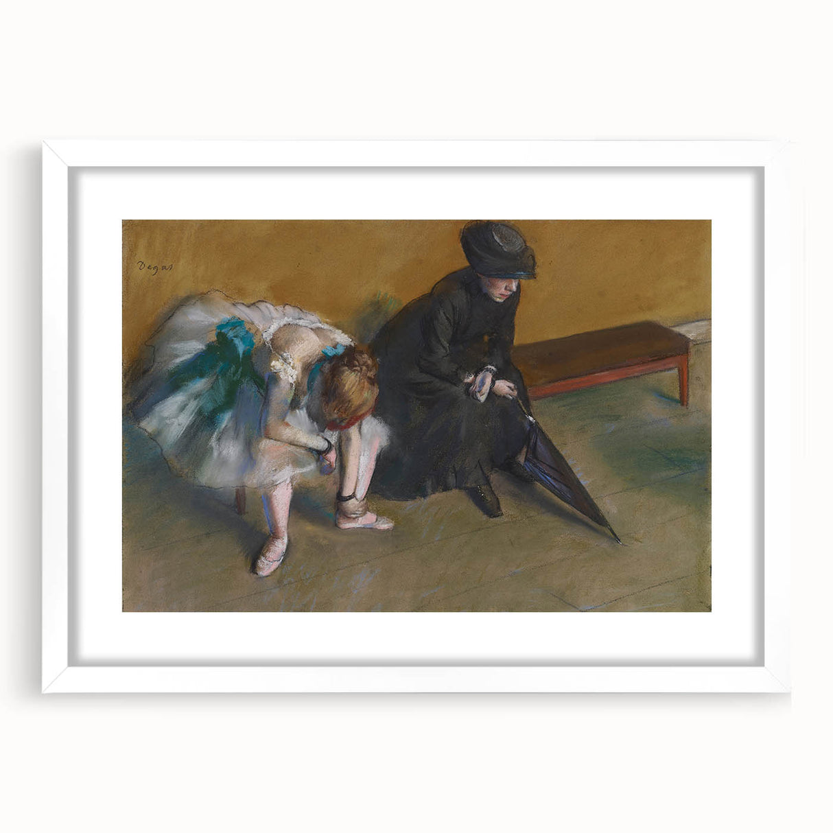Abstract art print of dancers in soft pastel shades on a white framed canvas, ideal for bedroom or dining room decor.