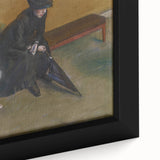 Close-up of a textured Edgar Degas impressionist painting on a black framed canvas, featuring colorful art.